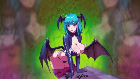 1girls 2d 2d_animation animated black_panties blue-haired_female blue_hair blue_hair_female blush cleavage darkstalkers g-string latex_clothing legwear looking_at_viewer loop looping_animation midriff morrigan_aensland music panties sound stockings swaying swaying_breasts swaying_hips tagme video wings wings_on_head xulus