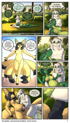 1girls absurd_res anthro bajkow black_hair blue_eyes both_pregnant breasts canid canine comic duo euriel_(bajkow) fellatio female fenavi_montaro fennec_fox feretta fox fur futa/male futanari genitals grass green_body green_eyes hair hand_on_penis hi_res intersex intersex/male male mammal multi_tail multiple_pregnancies muscular mustelid musteline nude oral palm_tree penile penis plant pregnant pregnant_anthro pregnant_female pregnant_futa pregnant_intersex pregnant_sex reptile scalie sex snake stoat tail tree true_fox true_musteline weasel white_body white_fur yellow_body yellow_eyes yellow_fur