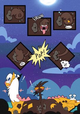 anal anal_sex antlers anus blush blush_lines brown_body brown_fur cloud cloven_hooves comic dialogue fur generation_2_pokemon girafarig hi_res hooves horn kyp_(character) living_tail night nintendo orange_sclera penetration pokemon pokemon_(species) respecies sky sleeping speech_bubble spikes spikes_(anatomy) star starry_sky tail tail_head trevor-fox_(character) unusual_anatomy unusual_tail yellow_body yellow_fur