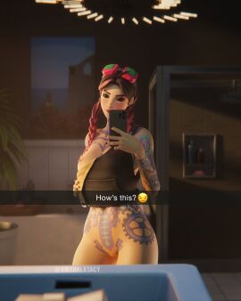 3d 3d_(artwork) beach_jules bottomless bottomless_female breasts cowlick exposed_breasts female fortnite functionally_nude functionally_nude_female goggles goggles_on_head half-dressed jules_(fortnite) looking_at_phone multicolored_hair no_panties nose_ring pussy selfie snapchat tattoo tattoos tattoos_everywhere virtualxtacy