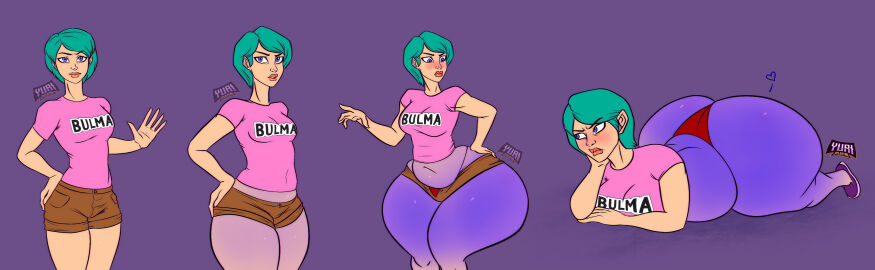 1girls ass ass_expansion belly_expansion big_ass big_belly big_breasts blue_skin blueberry_inflation breast_expansion breast_growth breast_growth_(enlargement) breasts brown_shorts bulma_briefs cyan_hair dragon_ball expansion female inflation light-skinned_female light_skin panties pink_shirt red_panties shirt short_shorts shorts skin_turning_blue tagme yurisylentra
