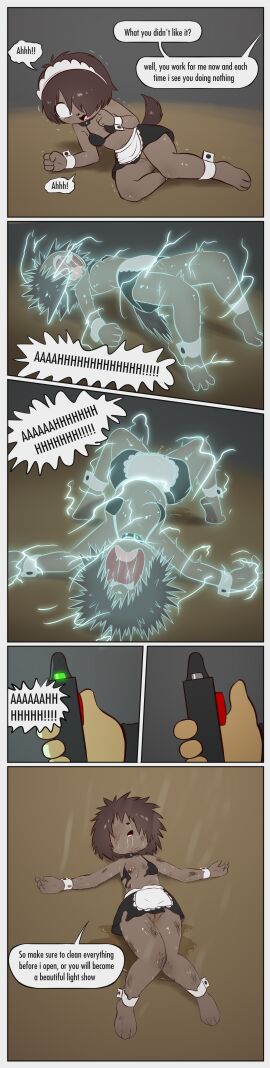 absurd_res abuse anthro barefoot border bottomless bottomless_anthro bottomless_female bottomwear bra breasts canid canine canis clothed clothing collar cuffs_(clothing) dialogue domestic_dog e254e electricity electrocution english_text feet female genitals grey_border hi_res incontinence maid_uniform mammal miniskirt navel nipples offscreen_character peeing ryona scared shaking shock_collar skimpy skirt solo text torn_clothing trembling unconscious underwear uniform upskirt vulva wardrobe_malfunction