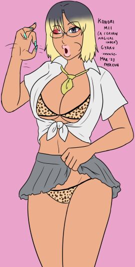 big_breasts bimbo bimbofication black_hair blonde_hair bra breasts cleavage dyed_hair female female_only glasses grey_eyes grey_skirt konori_mii leopard_print open_mouth open_shirt painted_nails panic school_uniform skirt_lift teasing to_aru_kagaku_no_railgun to_aru_majutsu_no_index transformation white_shirt xxxx52 yellow_ribbon