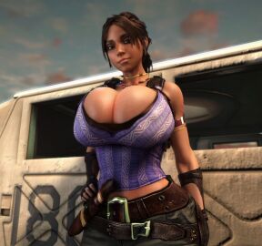 1girls 3d 3d_(artwork) alternate_breast_size belt big_breasts big_hips breasts breasts_bigger_than_head brown_eyes brown_hair capcom cleavage clothed clothed_female female female_only fingerless_gloves gloves hand_on_hip hand_on_own_hip hips hourglass_figure huge_breasts human human_female large_breasts looking_at_viewer pants resident_evil resident_evil_5 sheva_alomar slim_waist solo solo_female tactical_gear top_heavy top_heavy_breasts vaako wide_hips