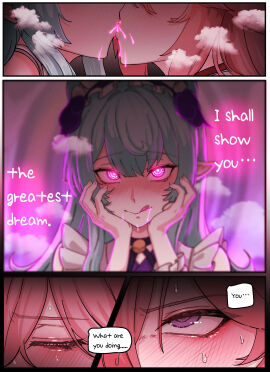 2girls :q absurdres aqua_hair blush close-up comic female furrowed_brow genshin_impact glowing glowing_eyes hands_on_own_cheeks hands_on_own_face highres horori_(halloweenday309) inazuma_girls long_hair multiple_females multiple_girls nose_blush paid_reward_available pink_hair pointy_ears purple_eyes shared_food sweat tongue tongue_out translated v-shaped_eyebrows yae_miko yumemizuki_mizuki