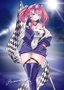 :p alternate_costume azur_lane bare_shoulders black_choker blue_jacket blue_thighhighs blurry blurry_background boots breasts bremerton_(azur_lane) cg checkered_flag choker cleavage collarbone covered_navel eyewear_on_head female flag gloves grey_hair hair_between_eyes hair_ornament hand_in_pocket jacket large_breasts leotard long_hair long_sleeves looking_at_viewer mole mole_under_eye multicolored_hair no_mole off_shoulder open_jacket pink_eyes pink_hair purple_thighhighs race_queen sidelocks skindentation smile solo standing strapless streaked_hair sunglasses thigh_boots thighhighs thighs tinted_eyewear tongue tongue_out twintails two-tone_hair