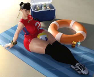 1girls 3d asian_female beach beach_towel big_breasts black_socks bracelet breasts breasts_bigger_than_head busty capcom chun-li cooler curvy curvy_female female female_focus female_only fully_clothed hands_behind_back ice_cream light-skinned_female lipstick looking_at_viewer lotion malef1cent nail_polish oiled pinup sand shoes sitting sneakers socks socks_and_shoes solo street_fighter street_fighter_6 sunlight sunset sweat tagme thick_thighs thigh_socks thighhighs volleyball volleyball_uniform voluptuous watermelon_crushing wish_that_was_me