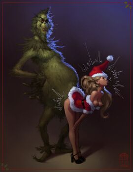 blonde_hair breasts breasts_out christmas christmas_outfit cindy_lou_who dr._seuss dr_seuss erodun exposed_breasts female funny grinch how_the_grinch_stole_christmas implied_sex interspecies large_breasts long_hair moaning monster monster_sex mrs._claus nipples retrousse_breasts sex shirt_down tongue tongue_out top_down