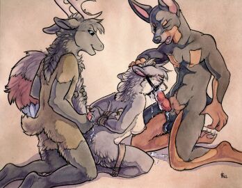 2014 animal_genitalia animal_penis anthro antlers arms_tied arms_tied_behind_back ass balls bodily_fluids bondage bound breasts canid canine canine_genitalia canine_penis canis cervine claws closed_eyes cum cum_drip cum_in_mouth cum_inside cum_on_ass cum_on_butt cum_on_face cum_on_ground cum_on_penis deer dobermann domestic_dog dominant dominant_male dripping ears_back elk erection feet female fluffy fluffy_tail forced_oral frogtied gag genital_fluids genitals group hand_on_head harness harness_gag harness_ring_gag holding_own_penis horn kneeling knot knotted_penis legs_tied male male/female mammal muzzle_(object) neck_tuft nipples oral paws penis penis_in_mouth pinscher pivoted_ears raised_tail restraints ring_gag rope rope_bondage ruaidri sex shiba_inu signature simple_background spitz submissive submissive_female tail tail_grab toe_claws toes traditional_media_(artwork) trio tuft