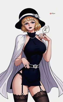 belt big_breasts black_dress black_lipstick black_nails blonde_hair blue_eyes buckingham_stussy coat dove dress fishnet_legwear fishnet_stockings fishnets garter_belt garter_straps goth hat highres hourglass_figure lipstick necklace one_piece painted_nails panties prixmal revealing_dress short_dress short_hair simple_background stockings stussy_(one_piece) upskirt white_background white_coat