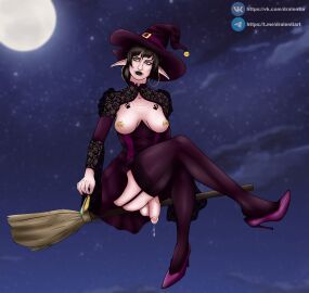 balls condom dralentia elf_ears futanari green_eyes halloween kutavia leaking_cum leaking_precum piercing short_hair skirt stockings used_condom witch witch_hat