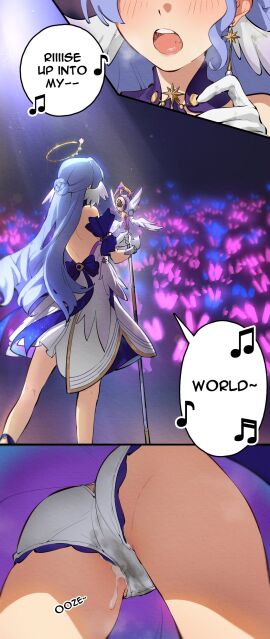 1girls after_sex aqua_eyes bare_shoulders blush collar cum cum_drip cum_in_panties cum_in_pussy cum_leak cum_leaking cum_leaking_down_leg cum_stain cum_wearing cum_wearing_(panties) dress earrings english_text eyes_out_of_frame female female_only halo honkai:_star_rail honkai_(series) light-skinned_female light_skin long_hair open_mouth panties performing pussy robin_(honkai:_star_rail) san_p.dro semen singing solo stained_panties standing tagme text under_skirt wet_panties white_panties