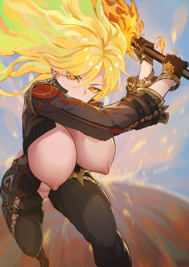 1girls absurd_res absurdres areolae big_breasts bikesuit breasts capitano_(genshin_impact) exposed exposed_breasts exposed_pussy female female_focus fiery_hair fire frozenspiderlily genshin_impact gloves glowing_eyes glowing_hair goes_hard hi_res highres light-skinned_female light_skin looking_at_viewer mavuika_(genshin_impact) mihoyo nipples open_clothes pussy shaved_pussy sword uncensored unusual_anatomy unusual_eyes unusual_pupils weapon