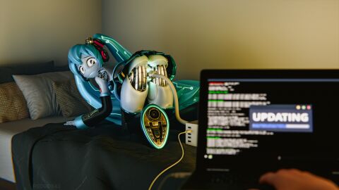 3d blender clothing female female_focus furniture hatsune_miku_(cosplay) humanoid jenny_miku jenny_wakeman jenny_wakeman_(warfaremchine) laptop looking_at_viewer machine my_life_as_a_teenage_robot nickelodeon on_bed on_fours pov redbox42 robot robot_girl robot_humanoid