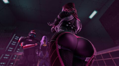1boy 2girls 3d alien alien_girl ass ass_focus big_ass bodysuit bottom_heavy bubble_ass bubble_butt clothing commander_shepard daro'xen_vas_moreh fat_ass female female_focus huge_ass human large_ass male mass_effect quarian rodler-h8 tali'zorah_nar_rayya thick_ass thick_thighs thunder_thighs wide_hips