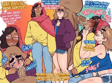 1boy 2girls ass assisted_fellatio big_penis breasts brown_hair character_request color_coded_speech_bubble color_coded_text copyright_request dark-skinned_female dark-skinned_male dark_skin dumpsite english_dialogue english_text fellatio female fit fit_female gagging glasses light-skinned_female light_brown_hair light_skin male molly_(dumpsite) nipples nude nude_male_clothed_female oral_sex penis sam_(dumpsite) speech_bubble tagme veiny_penis