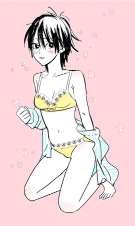 1boy black_eyes black_hair blush blush_lines bra crossdressing diamonds embarrassed_male feminine_body frilled_bra frilled_panties frills gems genderswap genderswap_(mtf) kamen_rider kamen_rider_den-o kamen_rider_den-o_(series) kneeling light_blush male male_focus male_only on_knees open_shirt panties rule_63 ryotaro_nogami shirt_removed short_hair small_chest solo striped_shirt underwear yellow_bra yellow_panties yellow_underwear