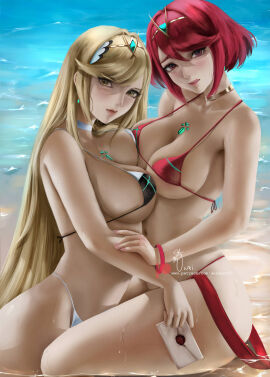 2girls beach big_breasts bikini blonde_hair bracelet breasts choker core_crystal earrings female holding_letter in_water large_breasts letter long_hair looking_at_viewer midriff mythra navel nintendo ocean outside pyra red_bikini red_eyes red_hair red_swimsuit short_hair smash_invitation swimsuit tiara water weisart white_bikini white_swimsuit xenoblade_(series) xenoblade_chronicles_2 yellow_eyes