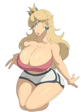 1girls bare_shoulders big_breasts blonde_hair blue_earrings blue_eyes breasts bursting_breasts busty cleavage crown dolphin_shorts earrings female gold_crown half-closed_eyes large_breasts leedraw11 legs long_hair mario_(series) midriff nintendo pink_top pink_topwear princess_peach shorts simple_background sitting solo solo_focus thick_thighs thighs top tube_top tubetop voluptuous white_background