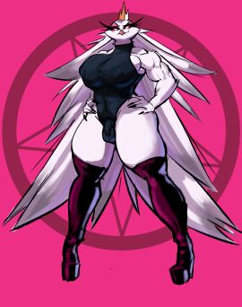 absurd_res anthro ass avian beak big_breasts bird bodysuit boots breasts bulge clothing crown demon digital_media_(artwork) feathers female footwear futa_milf futanari hair headgear helluva_boss hi_res intersex latex latex_clothing latex_legwear legwear leotard looking_at_viewer milf muscular nipple_outline nipples occult_symbol one_piece_suit owl owl_demon pentagram shoes simple_background sleeveless smile solo stella_(helluva_boss) sweater symbol tail topwear trailmixtrail turtleneck turtleneck_leotard white_body white_feathers