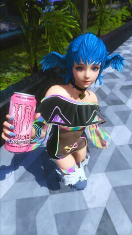 1girls blue_eyes blue_hair collar entelechy exposed_shoulders final_fantasy final_fantasy_xiv heart_collar_tag iriserretxiv looking_at_viewer looking_up looking_up_at_viewer meteion monster_can outdoors see-through_clothing solo solo_female square_enix