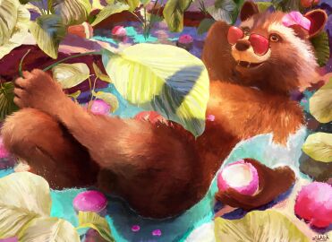 anthro balls bathing brown_body brown_fur detailed_background erection eyewear eyewear_only fur genitals glasses glasses_only guardians_of_the_galaxy hi_res knot knotted_penis lying male mammal marvel marvel_comics nude on_back partially_submerged penis procyonid raccoon rocket_raccoon sidekick silhouetted_penis snout solo watermark wearing_glasses wearing_sunglasses