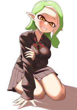 1girls bow breasts cardigan female green_hair inkling inkling_girl long_sleeves looking_at_viewer nintendo nobunagapero pointy_ears school_uniform shadow simple_background skirt solo splatoon tentacle_hair white_background yellow_eyes
