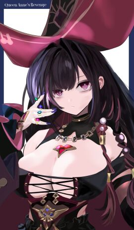 azur_lane bare_shoulders black_hair braid breasts cg cleavage closed_mouth clothing_cutout cross-laced_clothes detached_sleeves dress female gem hat jewelry large_breasts long_hair looking_at_viewer multicolored_hair necklace purple_eyes purple_hair queen_anne's_revenge_(azur_lane) ring solo upper_body witch_hat