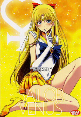 ass_visible_through_thighs bare_arms bare_legs bare_shoulders bare_thighs belly_button_visible_through_clothing bishoujo_senshi_sailor_moon blonde_hair blue_eyes blush bow breasts clothing comic doujin_cover doujinshi earrings female finger_on_mouth gloves high_heels kitahara_aki long_hair medium_breasts minako_aino mouth_closed necklace ribbon sailor_uniform sailor_venus skirt smile thighs tiara white_gloves yellow_skirt