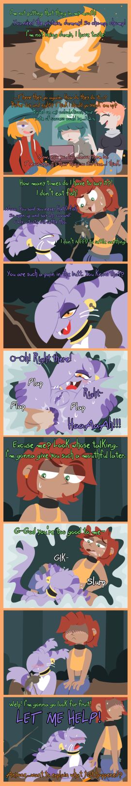 absurd_res anal anthro bandai_namco beanie bell blonde_hair blue_hair blush bottomwear campfire claws clothing collar comic computer covered_eyes digimon digimon_(species) ear_piercing electronics english_text fakemon fangs fellatio female feral fire fish footwear forest from_front_position fur genitals green_eyes grin group hair hat headgear headwear hi_res high_heels hoodie human human_on_anthro implied_oral interspecies jacket jingle_bell laptop larger_male long_image lying male male/female mammal marine missionary_position night on_back oral orange_eyes penile penis piercing pink_hair plant purple_body purple_eyes purple_fur pussy red_hair scarf sex shane_frost shirt shoes short_hair shorts size_difference smaller_female smile tall_image tan_body tank_top teeth text topwear tree vulva whiskers