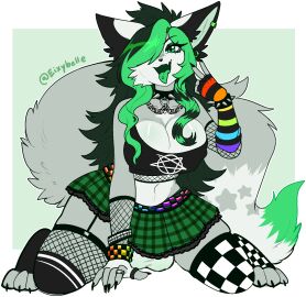 alternative_fashion anthro armwear balls balls_under_skirt bangs belt big_balls big_tail biped bottomwear bracelet breasts canid canine checkered checkered_clothing cleavage clothed clothing collar colored_nails colored_toenails crop_top digitigrade ear_piercing eixy eyelashes eyeshadow feet fingerless_gloves fishnet_armwear fishnet_clothing fishnet_legwear fishnet_topwear fluffy fluffy_tail fox fur futa_anthro futanari gauged_ear genitals gloves green_body green_eyes green_fur green_hair hair hair_over_eye hand_between_legs handwear hi_res inner_ear_fluff intersex intersex_anthro jewelry kneeling leg_markings legwear long_hair looking_at_viewer makeup male male_(lore) mammal markings multicolored_belt multicolored_body multicolored_bracelet multicolored_fur multicolored_hair nails narrowed_eyes one_eye_obstructed original original_character pattern_clothing piercing plaid plaid_clothing rainbow_belt rainbow_bracelet rainbow_symbol raised_tail ring_piercing satanic_symbol scene_(fashion) scene_fashion scene_hair scene_haircut shirt simple_background skirt smile snout socks_(marking) solo sparklefur spiked_collar spikes spread_legs spreading striped_clothing stripes sushimi tail testicles thick_thighs toenails toes tongue tongue_out tongue_piercing topwear tuft two-tone_body two-tone_fur two-tone_hair two-tone_tail wavy_hair wide_hips