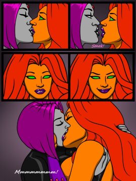 2girls dc dc_comics english_text female female_only kaywest kissing koriand'r multiple_females multiple_girls page_4 rachel_roth raven_(dc) starfire teen_titans text yuri