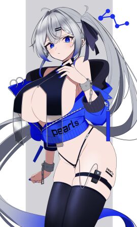 arm_at_side blue_eyes blue_jacket blue_nails breast_curtains breasts cuffs female grey_hair hairclip hand_on_breast handcuffs huge_breasts jacket nail_polish one_arm_up open_jacket painted_nails side_ponytail thick_thighs thigh_strap thighhighs thong very_long_hair vibrator wide_hips zipper
