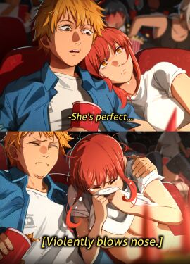 1boy 1girls adult_and_teenager age_difference alternate_version_available background blonde-haired_male blonde_hair blowing_nose blue_shirt breasts caption censored censored_nipples chainsaw_man cinema clothed convenient_censoring convenient_censorship crying cup denji_(chainsaw_man) female funny hazel_eyes head_tilt hi_res holding khyleri makima_(chainsaw_man) male meme movie_theater pingtsi_(chainsaw_man) popcorn power_(chainsaw_man) quanxi_(chainsaw_man) red-haired_female red_hair redhead sad sharp_teeth shirt short_hair t-shirt tagme white_t-shirt wholesome
