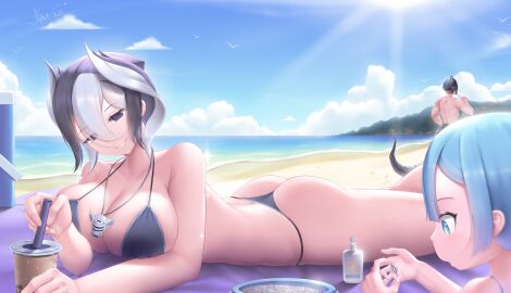 1girls 2boys beach big_breasts bikini black_and_white_hair black_bikini black_eyes bondrewd breasts bubble_tea cleavage detailed_background female female_focus hair_between_eyes made_in_abyss male marulk mooon278 necklace on_stomach outdoors ozen short_hair smile solo_focus swimsuit two-tone_hair whistle whistle_around_neck