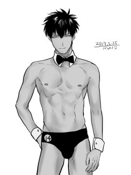 1boy alternate_costume black_speedo bowtie bulge detached_collar gintama hijikata_toshiro looking_at_viewer male male_only monochrome navel nuis short-haired_male short_hair smile solo speedo standing toned toned_male topless_male wrist_cuffs