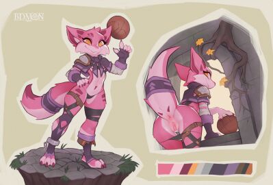 2024 anthro anus ball_(object) bdmon biped black_clothing black_panties black_underwear cheek_tuft clothed clothing color_swatch countershade_crotch countershade_fur countershade_tail countershading digital_media_(artwork) facial_tuft featureless_chest female fingerless_gloves flat_chest fur furred_kobold furred_scalie genitals gloves handwear kobold navel orange_eyes panties panties_down partially_clothed pink_body pink_fur pink_pussy plant pussy scalie shaded solo standing tail tail_anus tuft underwear underwear_down