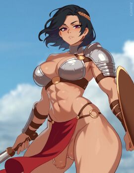 1futa abs arm_guards arm_shield armor arms_at_sides artist_name balls ballsack bikini_armor black_hair blue_sky breasts casual clothing cloud cowboy_shot day female flaccid flaccid_penis floating_hair foreskin futa_only futanari glooz highres holding holding_sword holding_weapon human intersex large_breasts light_blush loincloth looking_at_viewer magenta_eyes muscular muscular_female navel o-ring original outdoors pale_skin parted_lips partially_retracted_foreskin pauldrons penis retracted_foreskin scrotum shaved_crotch short_hair shoulder_armor single_pauldron sky smooth_penis solo standing sword teeth testicles thick_thighs thighs uncensored uncircumcised uncut warrior weapon