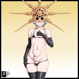 1boy balls bikini black_bikini blush crown dark_souls dark_sun_gwyndolin elbow_gloves eyes_covered female_only femboy fromsoftware fungus-man light-skinned_male light_skin male male_only penis self_upload skinny skinny_male solo solo_male tagme thighhighs twink wavy_mouth white_hair
