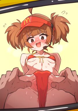 age_difference ahoge arms_behind_back bebatch bikini blush breasts brown_eyes brown_hair double_cheese_(mcdonald's) female flat_chest flat_chested from_below headset highres looking_down mcdonald's open_mouth pov pov_hands pussy red_bikini size_difference small_breasts smaller_female solo_focus spread_legs spread_pussy spread_pussy_under_clothes swimsuit twintails visor_cap young young_female younger_female