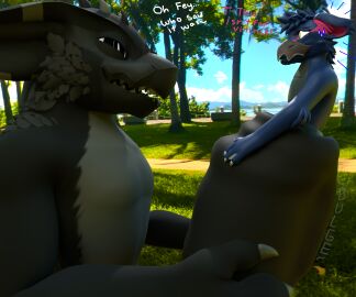 absurd_res anthro balls big_balls big_penis capcom cock_head_gulp cock_vore day dialogue duo flying_wyvern genitals hi_res huge_cock hyper hyper_genitalia hyper_penis larger_pred male male/male monster_hunter nargacuga penile penis size_difference teasing text urethral_bulge vikvillince villince vore