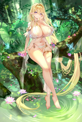 1girls akusamu azur_lane blonde_hair braided_hair breasts earrings elf elf_ears female gouden_leeuw_(azur_lane) huge_breasts loincloth looking_at_viewer nature pelvic_curtain pointy_ears pond pubic_tattoo purple_eyes revealing_clothes very_long_hair voluptuous