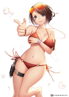 1girls adult arm_on_breasts arm_under_breasts bare_arms bare_chest bare_legs bare_midriff bare_shoulders bare_skin bare_thighs barefoot belly belly_button bikini blue-eyed_female breasts brown-haired_female brown_hair cleavage clothing collarbone covering_breasts dot_nose earphones feet female female_focus female_only fingernails fingers firearm full_body groin gun hand_on_breast handgun high_resolution highres hourglass_figure human jurrig legs legwear light-skinned_female light_skin lips looking_at_viewer medium_breasts naked naked_female navel nude nude_female original original_character pale_skin pointing pointing_at_viewer red_bikini red_bikini_bottom red_bikini_top red_swimsuit red_swimwear revolver short_hair shoulders simple_background slender_body slender_waist slim_female slim_waist smile smiling smiling_at_viewer solo standing string_bikini sunglasses sunglasses_on_forehead sunglasses_on_head swimsuit swimwear thick_thighs thigh_band thighband thighs thin_waist underboob water water_drop water_drop_breasts water_droplets water_drops weapon wet white_background wide_hips wide_smile