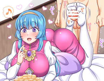 1boy 1girls :d ass balls bed blue_hair blush breasts censored coins counting counting_money dress feet feet_up female footjob footjob_in_the_pose footjob_with_legwear gem gold hairband happy heart indoors jewelry large_ass large_breasts long_hair lufia male money necklace oblivious on_stomach open_mouth pendant penis pillow puffy_sleeves purple_eyes sheets shopkeeper smile soles stockings testicles tia trimmed_dress white_legwear yakisobapan_tarou_&_negitoro-ko