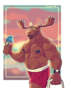 2024 abs anthro antlers arm_hair bara belly belly_hair biceps black_nipples body_hair border bottomwear brown_hair chest_hair clock clothed clothing deer deltoids dessert ear_piercing eyewear facial_hair food forearm_hair forearm_muscles forearms frank_folf goatee hair hi_res horn ice_cream ice_cream_cone looking_at_viewer male male_focus mammal masculine_male mature_male melting_ice_cream moose moustache musclegut muscles muscular navel new_world_deer nipples pecs piercing red_bottomwear red_clothing red_shorts shorts shorts_only slightly_chubby smile solo sunglasses sunset topless triceps walking watch white_border wristwatch yaoi