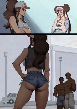 2025 2boys 2d 2girls ass_hanging_out_of_shorts booty_shorts convincing dark-skinned_male dark_skin female hilda_(pokemon) implied_sex male muscular muscular_male pokemon pokemon_protagonist rosa_(pokemon) short_shorts shorts tagme wjs07