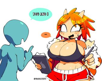 1boy 1girls big_breasts blush bra breasts color commissioning_artist dialogue english_text female huge_breasts imminent_sex male mango_quaver_(female) oc original original_character quavernsfw shocked sweatdrop sweater_lift tagme talking_to_another text twitter_link