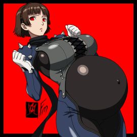1girls atlus big_belly big_breasts bodysuit breasts brown_hair clothed clothing cowboy_shot female female_only from_below fungus-man gloves light-skinned_female light_skin makoto_niijima makoto_niijima_(queen) medium_hair navel persona persona_5 phantom_thief_suit pregnant red_background red_eyes scarf sega self_upload solo solo_female tagme white_gloves