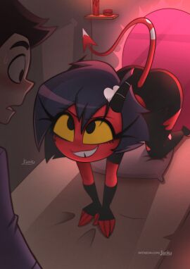 1boy 1girls all_fours blush female helluva_boss human jizoku male millie_(helluva_boss) portal red_body red_skin sweat tail yellow_sclera