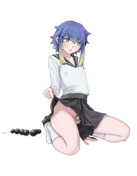 1boy absurdres anal_beads androgynous black_sailor_collar black_skirt blonde_hair blue_hair bright_pupils clothes_lift commentary_request cookie_(touhou) covered_nipples crossdressing full_body green_eyes highres large_variant_set long_sleeves looking_at_another male_focus multicolored_hair nari-14 no_panties open_mouth penis sailor_collar school_uniform serafuku sex_toy shiriri_(cookie) shirt short_hair sidelocks simple_background skirt skirt_lift socks solo squatting testicles two-tone_hair uncensored variant_set white_background white_pupils white_shirt white_socks